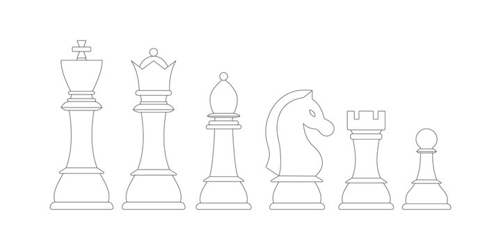 Single one line drawing chess pieces aligned, luxury hand drawn or  engraving. King, Queen, Bishop, Knight, Rook, Pawn. Leader success concept.  Continuous line draw design graphic vector illustration Stock Vector