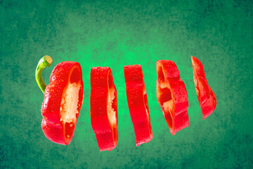 Ein in Scheiben geschnittener roter Paprika vor einem grünen Hintergrund