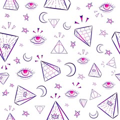 Fototapeta na wymiar Gradient seamless pattern with occult illuminati symbols. Repetitive occult and conspiracy background with triangles, eyes, moon and stars.
