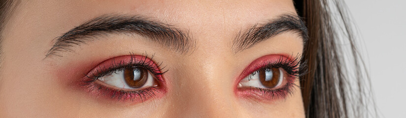 Macro shot of female eyes with red eyeshadow make-up. Close-up of woman eyelashes. Panoramic shot. High quality image. Panorama banner.