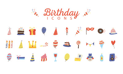 bundle of thirty happy birthday celebration flat style icons and lettering