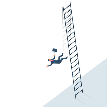 Falling businessman from the high stairs. Career growth. Rapid fall as a symbol of crisis and bankruptcy. Vector illustration flat design. Isolated on white background.