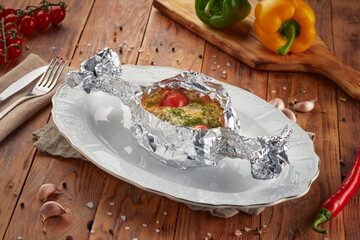 French-style meat, wooden background