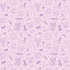 Vector seamless pattern with sweets, ice cream, chocolate candy.  Light purple doodle elements on pastel pink background. Sweet and cute pattern for wrapping paper, wrapper, fabric etc.