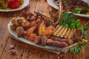 Grill assorted BBQ, wooden background
