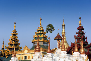 detail view to a group of golden stupas at the Shwedagon Pagoda in Yangoon, Myanmar (Burma)