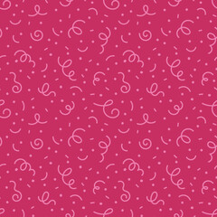 Vector seamless pattern with ribbon confetti on hot pink background. Festive magenta background. Doodle seamless pattern.