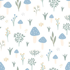 Cute garden with mushrooms and plants seamless pattern for stationery, wrapping paper, textile, babies, decoration