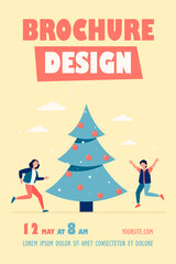 Happy kids jumping near Christmas tree