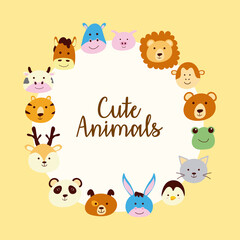 bundle of cute little animals heads characters in circular frame