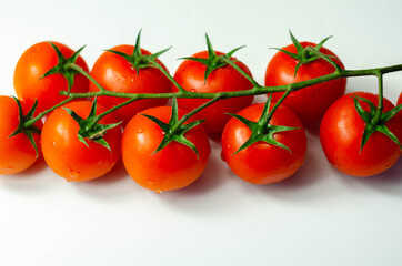 Covered with drops of water, fresh tomatoes with sprigs on white background