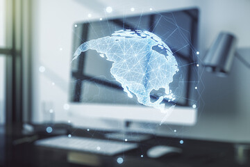 Digital America map on modern computer background, global technology concept. Multiexposure