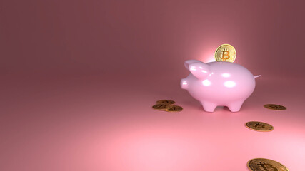 Piggy bank bitcoin saving. studio 3D Rendering