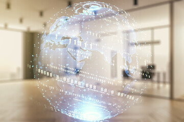 Abstract virtual coding concept and world map hologram on a modern furnished office background. Multiexposure