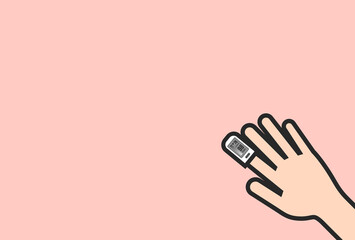 血中酸素測定器・パルスオキシメーターを装着した女性の手のイラスト - ピンク背景