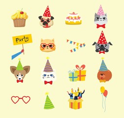 Puppy party background. Cute greeting card with presents, dogs, cats and puppies