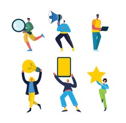 Set of people, men and women with different signs - book, work on laptop, search with magnifier, communicate.