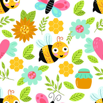 Seamless pattern with the image of bee, leaves, flowers, butterfly, honey on a white background, in vector graphics. For the design of wallpaper, prints for textiles, clothing, packaging, bags