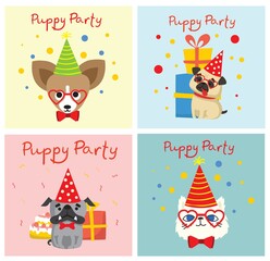 Puppy party background. Cute greeting card with presents, dogs, cats and puppies