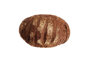 Top view of a whole loaf of rye bread isolated on white background.