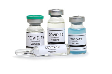 COVID-19 vaccine ampoule isolated on a white