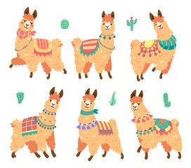 Cute alpaca character with different emotions isolated on white background. Vector set of cartoon mascot, adorable llama smiling, happy, sad and surprised. Creative emoji set, sweet lama chatbot © klyaksun