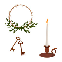 Beautiful vector hand drawn vintage candle, keys and wreath Illustration. 