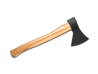Ax with wooden handle on white background