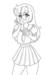 Cute anime girl eating cupcake and wearing school uniform.
