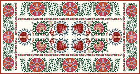 Seamless Uzbek Middle Asian or arabian islamic Suzani vector pattern. Damask boho style vintage ornamental composition in red, orange, green, yellow colors for custom print and design.