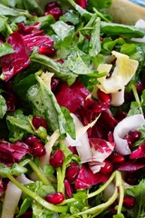 Colorful winter salad with mixed greens, Belgian endives and pomegranate seeds