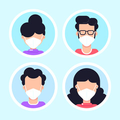 People Wearing Face Mask, Set of Icons