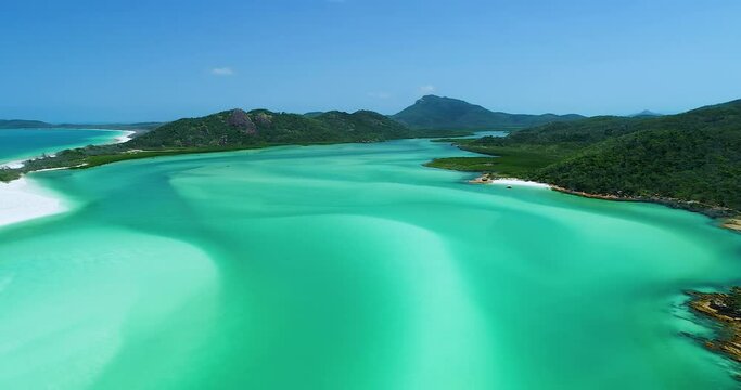 4K aerial 180 degree pivoting pan of the water inlet at Hill Inlet at Whitehaven beach,Whitsunday Islands,Queensland,Australia