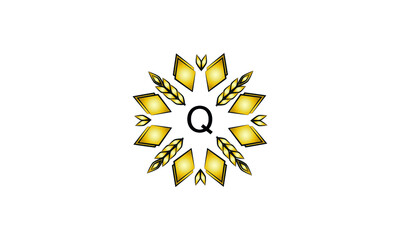 Decorative golden logo with geometric shapes and spikelets on a white background. Creative vector sign, illustration of emblem with letter Q. Eco emblem.