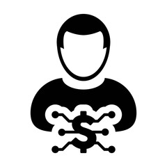 Digital dollar currency icon vector symbol with male user person profile avatar for digital currency in a glyph pictogram illustration