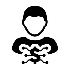 Digital dollar icon vector currency symbol with male user person profile avatar for digital currency in a glyph pictogram illustration