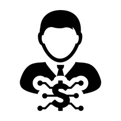 Dollar icon vector digital money symbol with male user person profile avatar for wallet in a glyph pictogram illustration