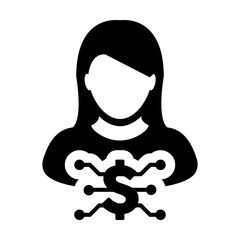 Digital dollar currency icon vector symbol with female user person profile avatar for digital currency in a glyph pictogram illustration