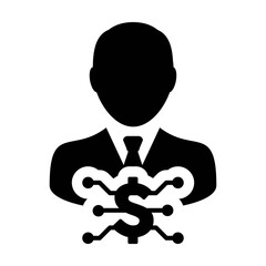 Digital currency icon vector dollar money symbol with male user person profile avatar for digital currency in a glyph pictogram illustration