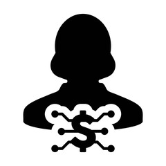 Dollar icon vector digital currency symbol with female user person profile avatar for wallet in a glyph pictogram illustration