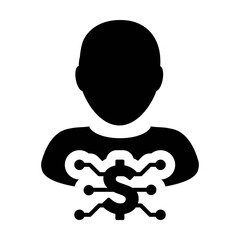 Cash icon vector digital dollar currency with male user person profile avatar for digital wallet in a glyph pictogram illustration