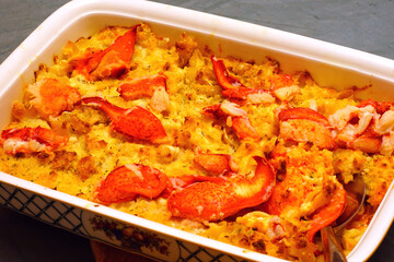 Dish of tasty lobster mac and cheese