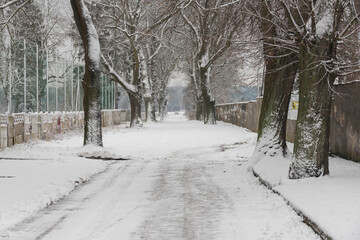 Ulica w prowincjonalnym miasteczku pokryta warstwą śniegu. - obrazy, fototapety, plakaty