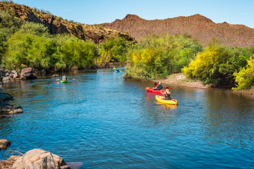 People canoeing and kayaking at Lower Salt River Arizona - obrazy, fototapety, plakaty