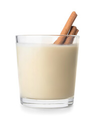 Tasty milkshake with cinnamon in glass on white background