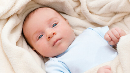 Closeup portrait of cute adorable newborn baby covered in big soft blanket. Beautiful little babies in bed