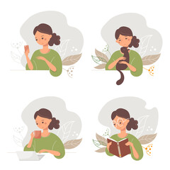 Set of nice cartoon girls. Young women on abstract plants background read book, works on a laptop, drinks tea, petting a cat and watch phone.