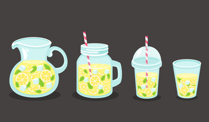 Detox water with lemon, ice cubes, mint. Healthy lifestyle. Detox drink. Vector illustration.