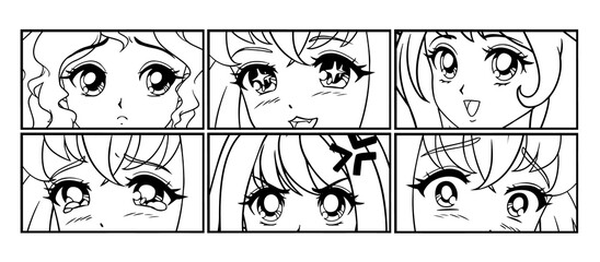 Six pairs of anime eyes look. Manga style.