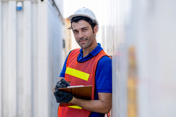Cargo container worker or foreman hold clipboard and look to camera and stand in workplace area. Industrial and factory support system of logistics import export concept.